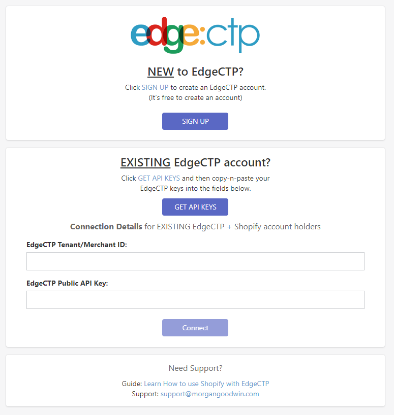 EdgeCTP + Shopify connection setting page