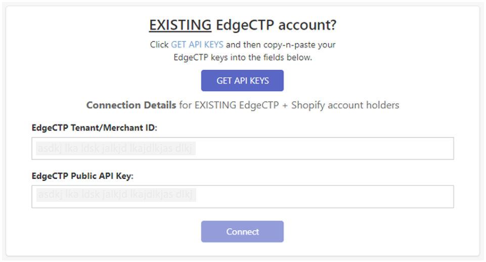 Shopify store admin EdgeCTP + Shopify connection setting page