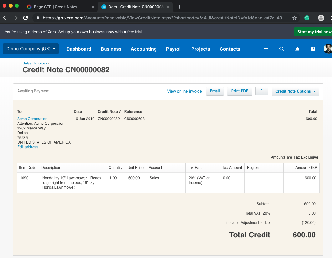 Xero version of a Credit Note