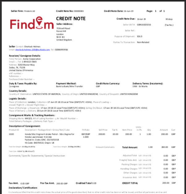 PDF version of Credit Note in EdgeCTP