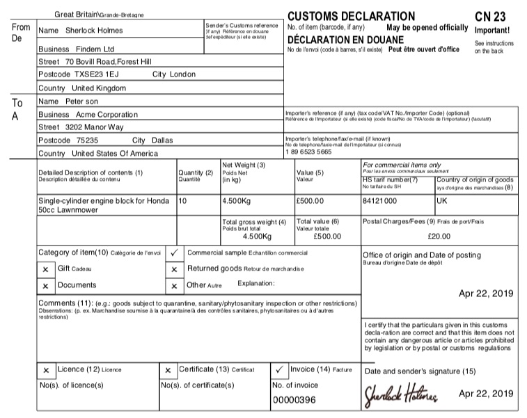 Here is an Example of completed Customs Declaration CN23 form