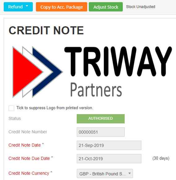 Authorized Credit Note; ready for copying to the accounting package