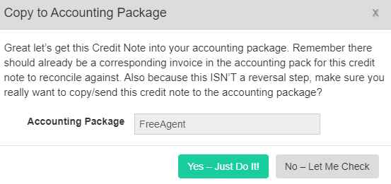 Confirm you wish to send the credit note to FreeAgent