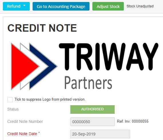 Copied Credit Note allowing you to [Go to Accounting Package] and view it in FreeAgent