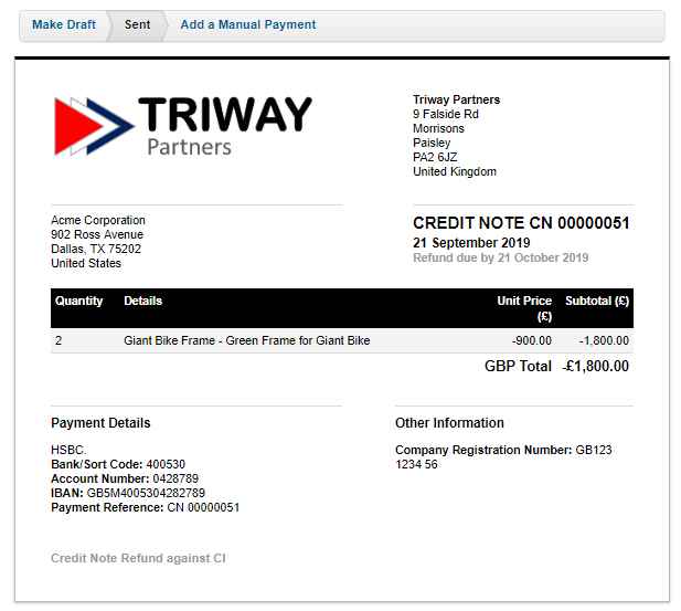 Copied Credit Note in FreeAgent as received from EdgeCTP