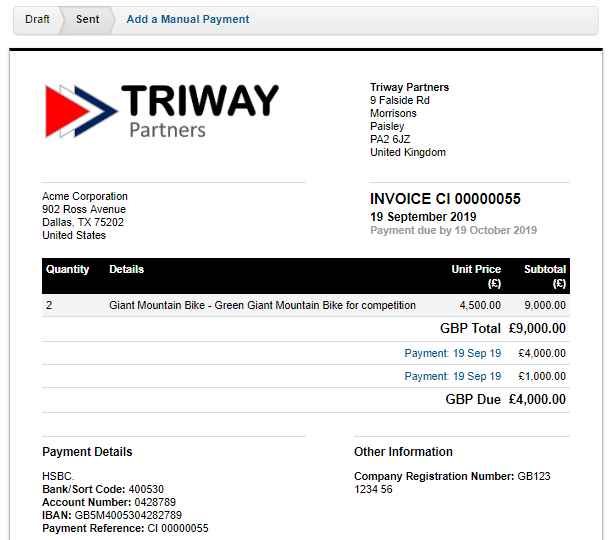FreeAgent: Invoice with reflected payment and new balance due