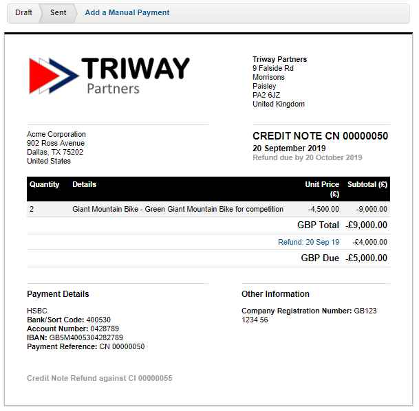 FreeAgent Part Refunding Credit Note