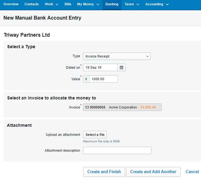 Making a part manual (via Bank) payment in FreeAgent