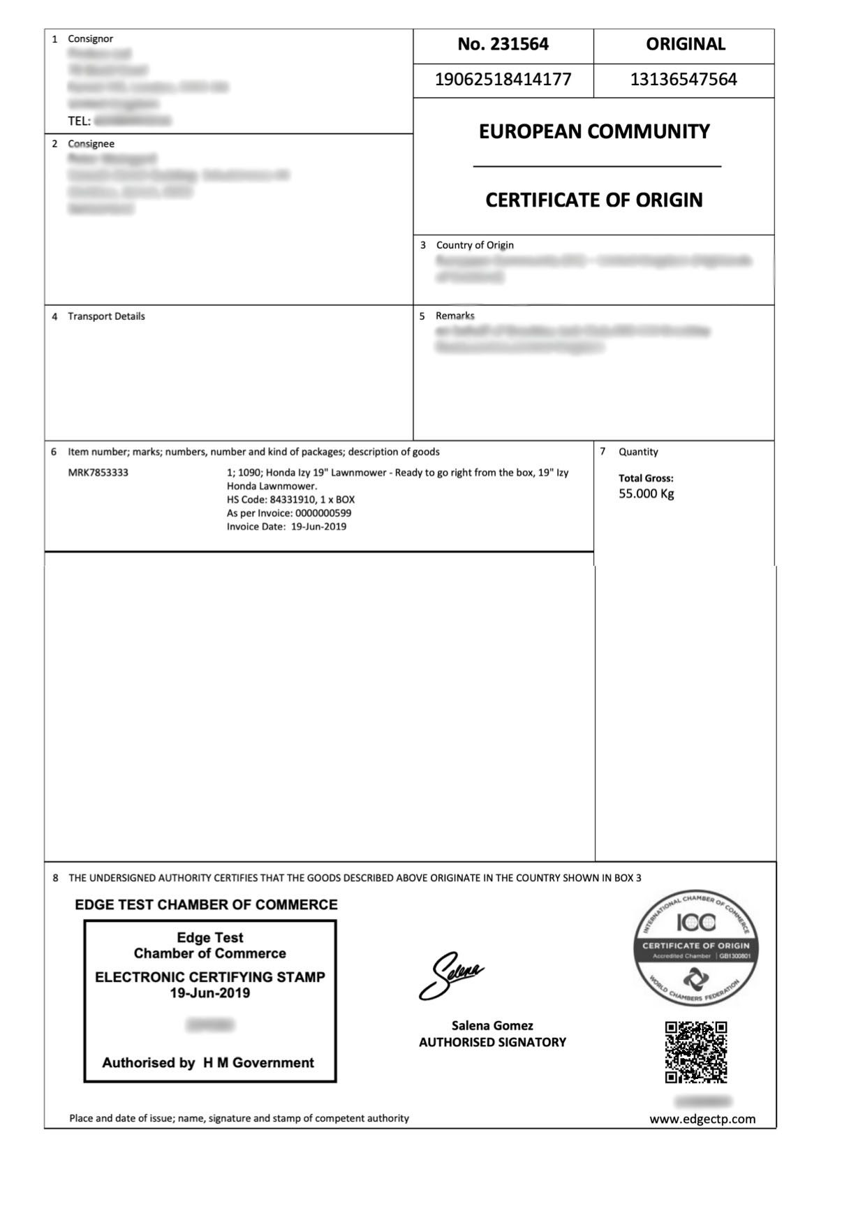 printed certificate with electronic stamps + signatures 