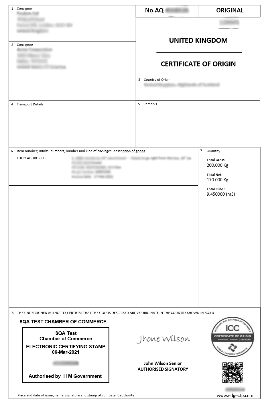 Example UK Certificate of Origin