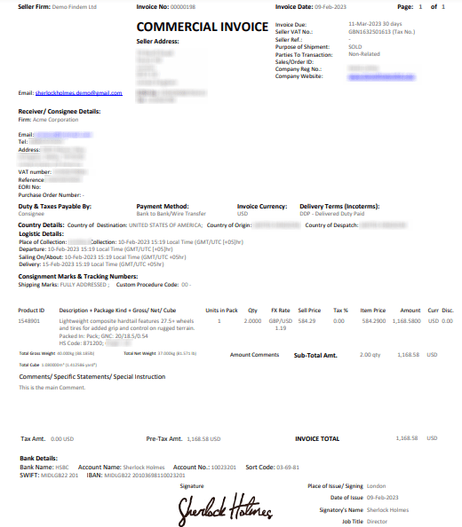 Sample Commercial Invoice from EdgeCTP