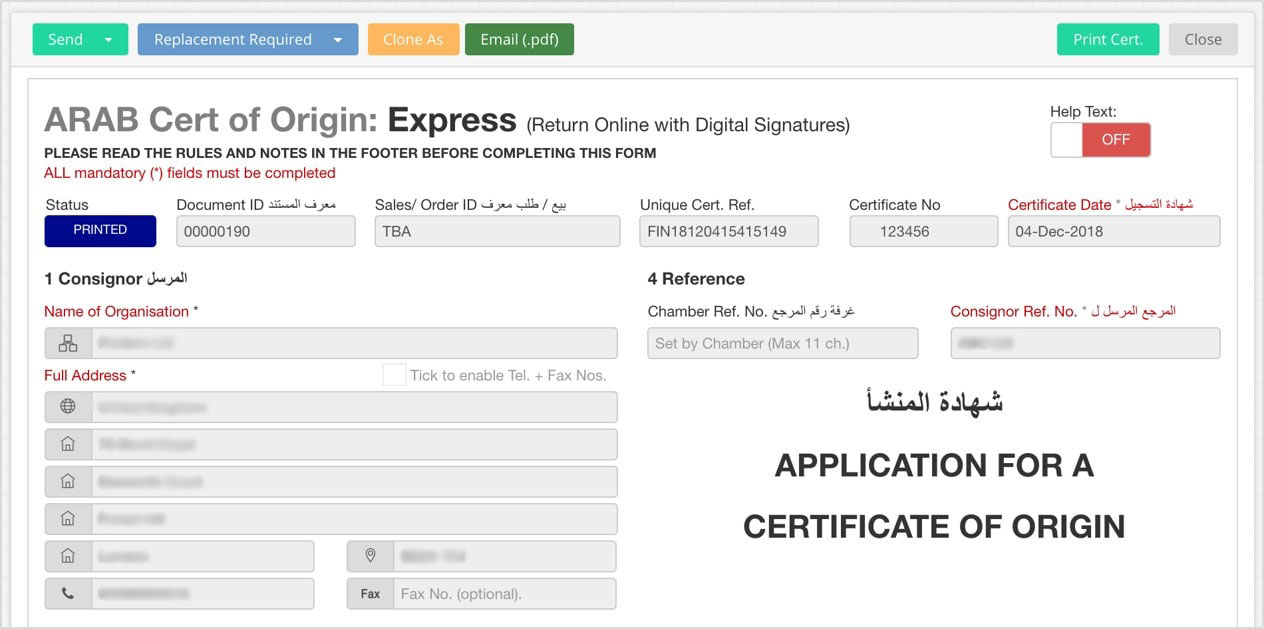 Arab-British Certificate of Origin