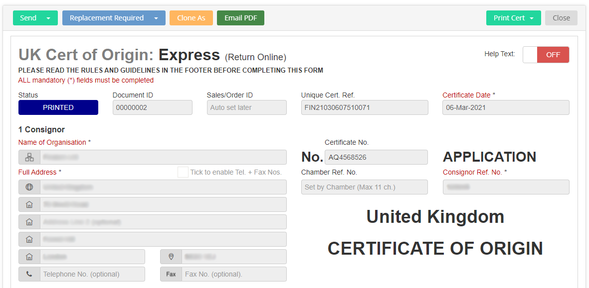 UK Certificate Of Origin