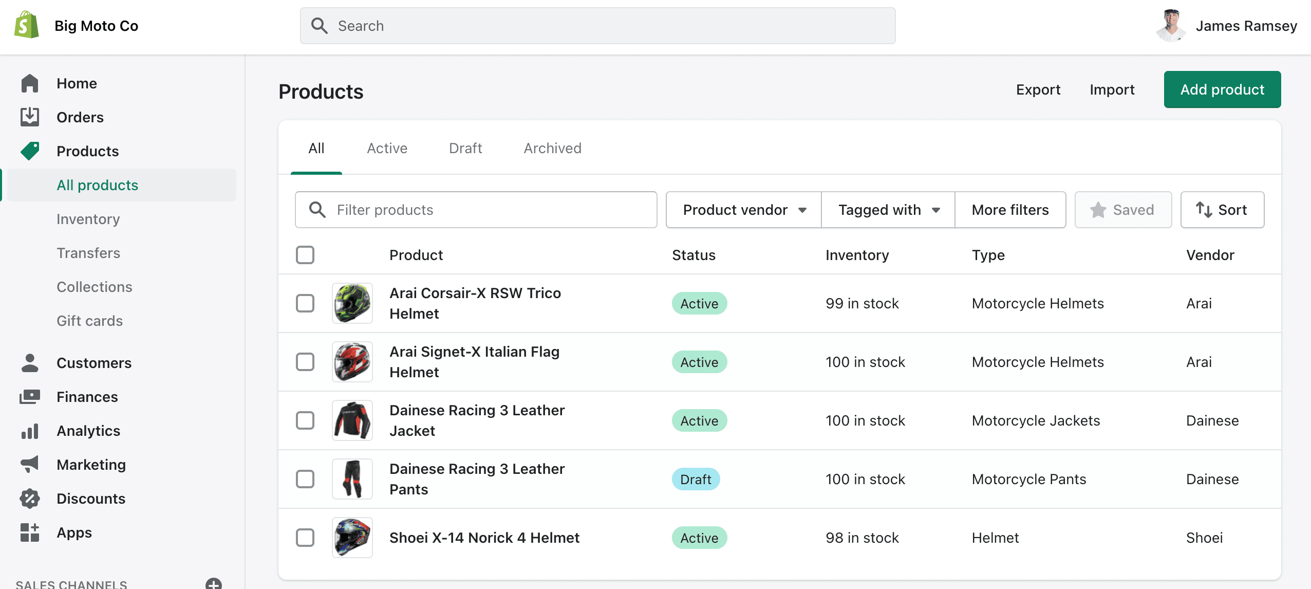 Shopify Products Tab view