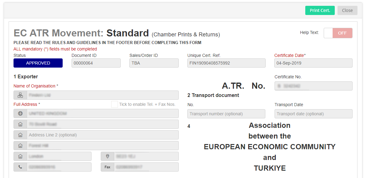 ATR (Turkish) Movement Certificate